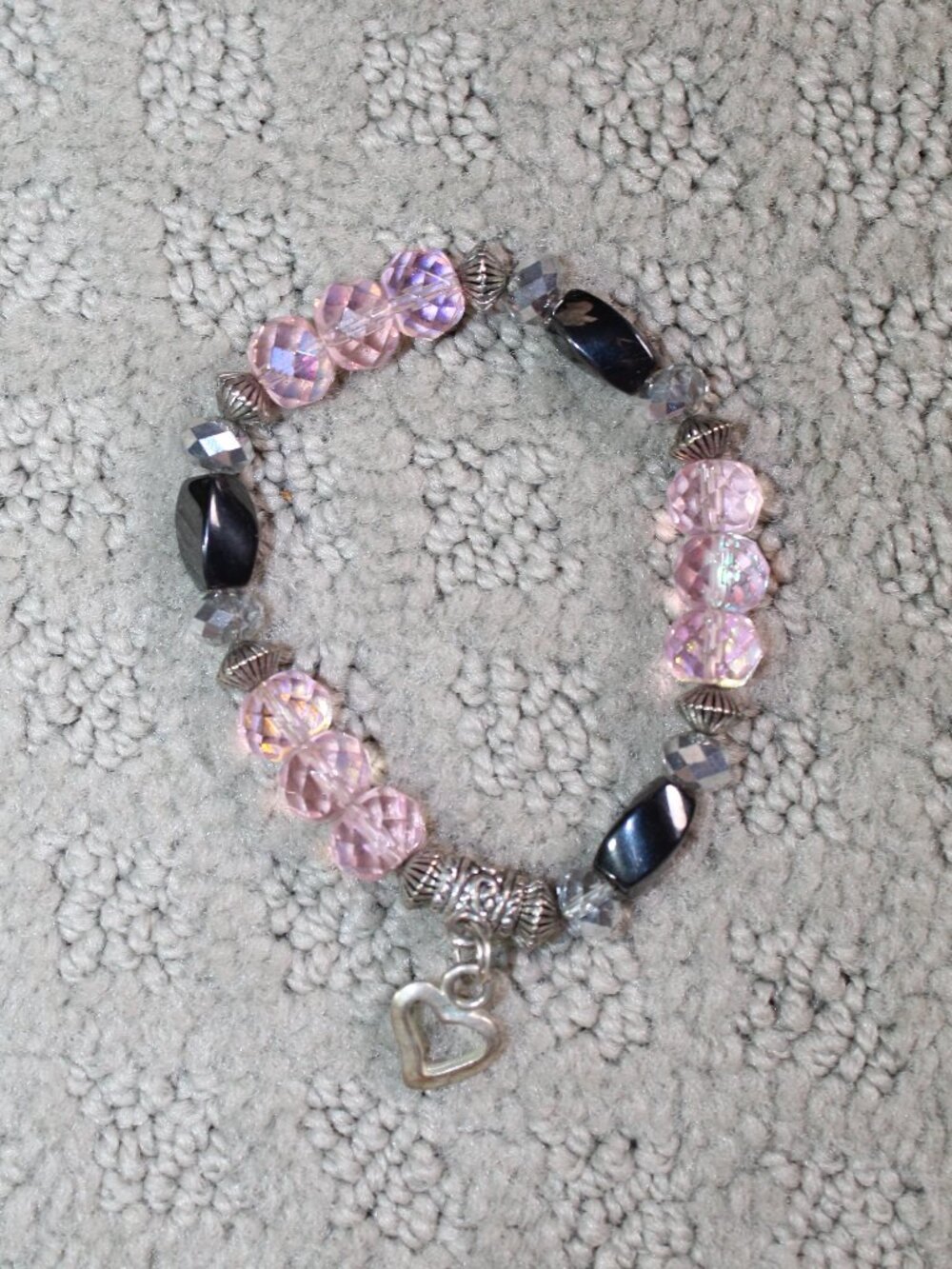 Pink Faceted Beads w Hematite & Silver-Toned Beaded Stretch Bracelet